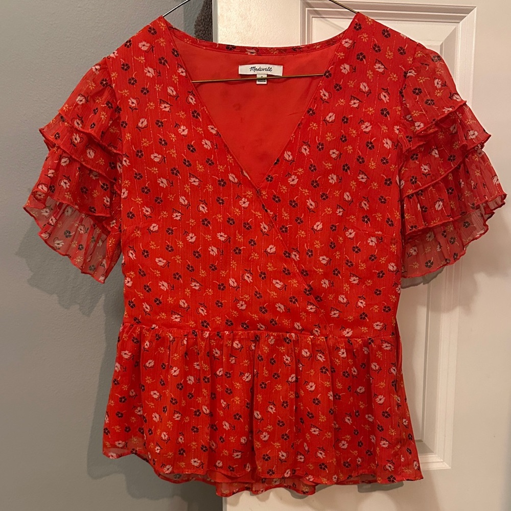 Madewell Red Floral Ruffle Blouse
